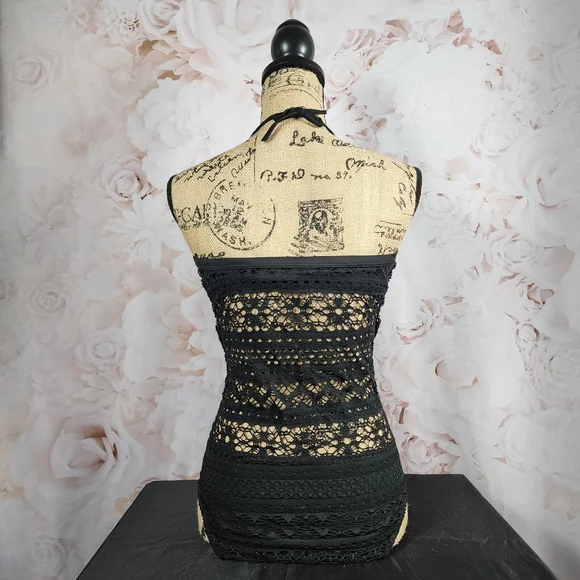 NWOT Black Fishnet One Piece Halter Bathing Suit - Picture 4 of 14